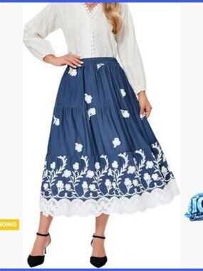 High Waist A-Line Embroidered Lace Midi Skirt Elastic Waistband Cotton Blend